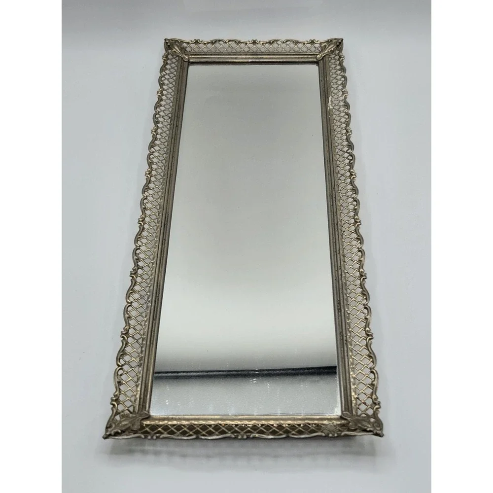 Vintage Hollywood Regency Gold Tone Filigree Wall Mirror Ornate Metal Frame